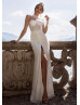 White Sequin Slit Wedding Dress With Detachable Train